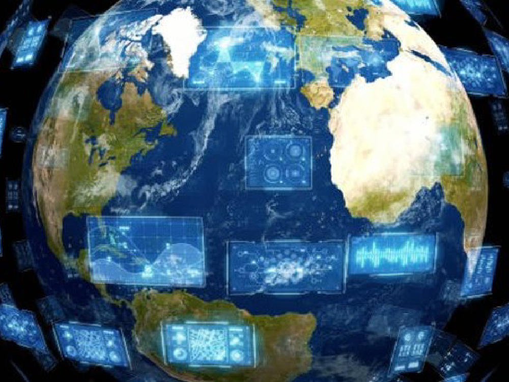 Earth with floating blue data screens displaying graphs and grids on a dark background.